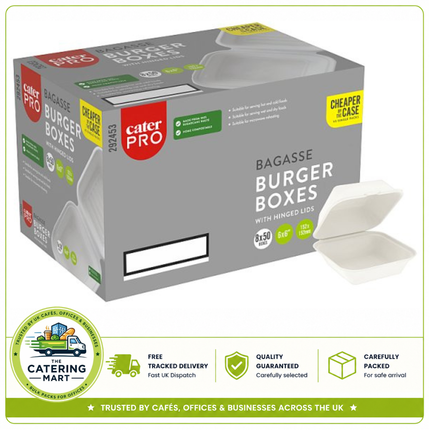 CaterPro 50 Bagasse Burger Boxes with Hinged Lids | Wholesale Food Packaging
