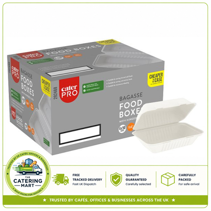 CaterPro 4 x 50 Bagasse Food Boxes with Hinged Lids 229 x 152mm | Wholesale