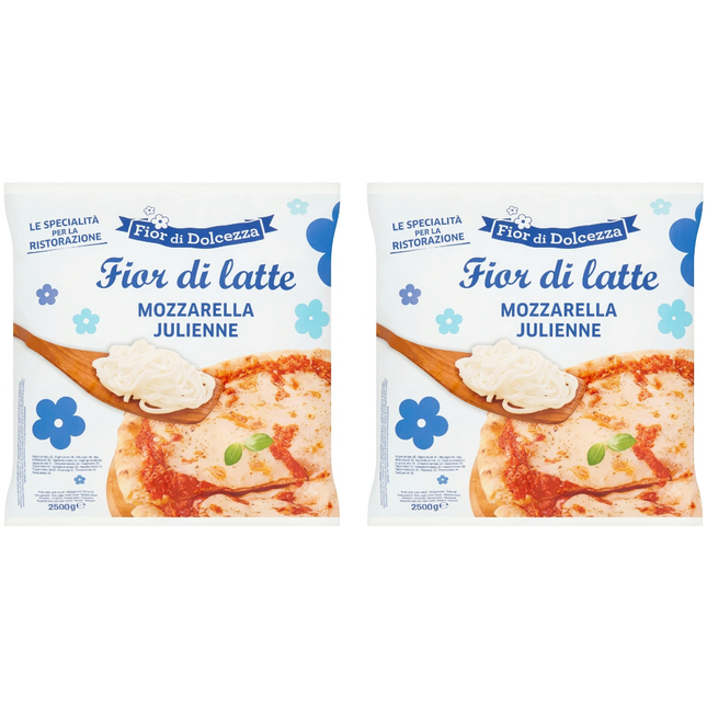 Fior di Dolcezza Mozzarella Julienne wholesale case containing 2 x 2.5kg packs of shredded mozzarella