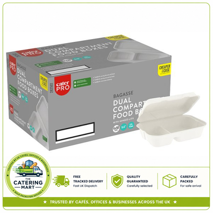 CaterPro 4 x 50 Bagasse Dual Compartment Food Boxes with Hinged Lids | Wholesale