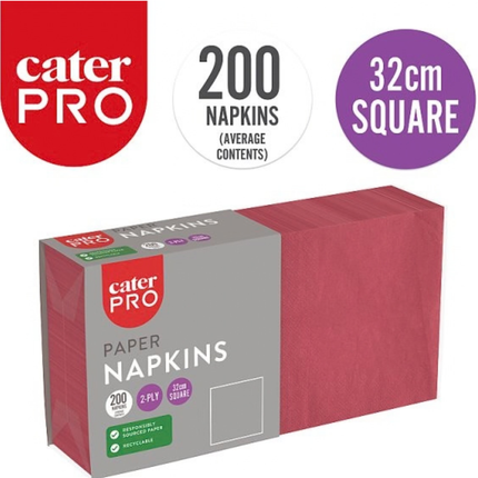 CaterPro burgundy 2-ply paper napkins 200 pack, 32cm square, wholesale catering supplies