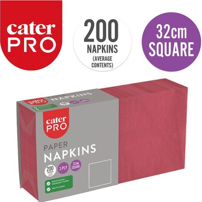 CaterPro burgundy 2-ply paper napkins 200 pack, 32cm square, wholesale catering supplies