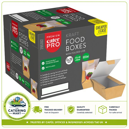 CaterPro Premium 20 Kraft Food Boxes with Folded Lids 600ml | Wholesale
