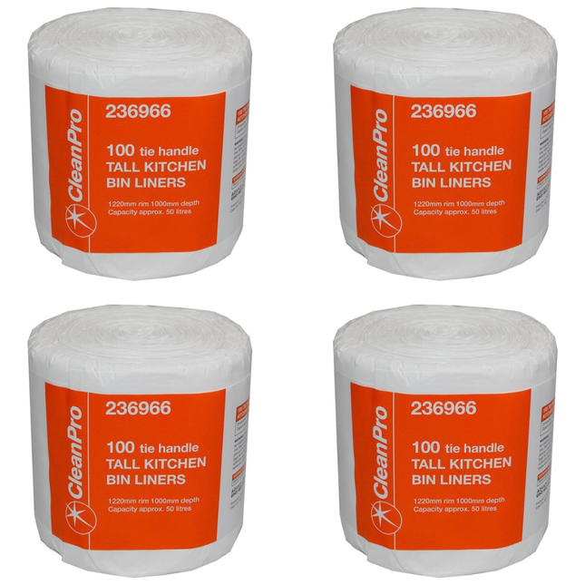 CleanPro Tie Handle Tall Kitchen Bin Liners 4 x 100 400pcs