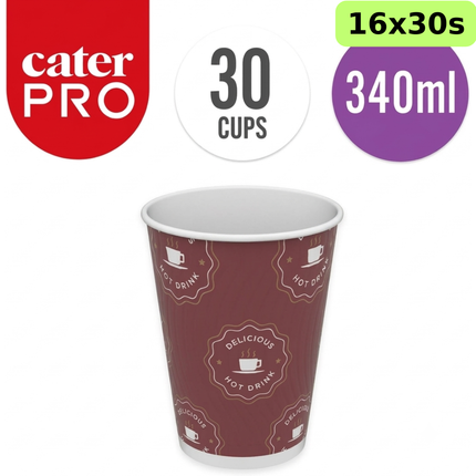 CaterPro bulk case of 480 340ml PE lined paper double wall cups, supplied in 16 packs of 30.