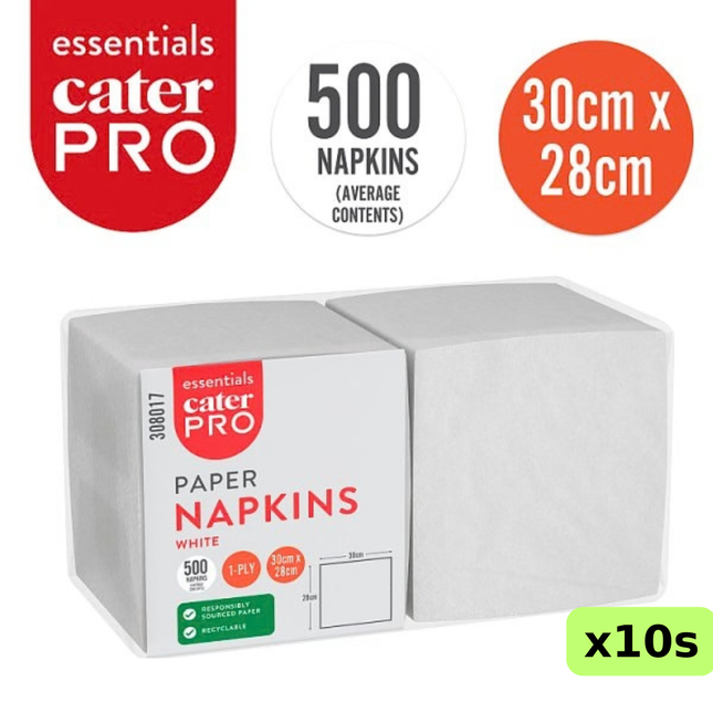 CaterPro Essentials white 1-ply paper napkins, wholesale case of 10 packs containing 500 napkins each