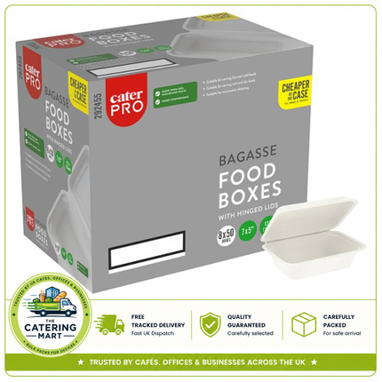 CaterPro 8 x 50 Bagasse Food Boxes with Hinged Lids 7 x 5" | Wholesale