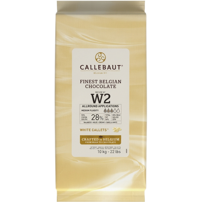 Callebaut Recipe W2 Belgian white couverture chocolate 10kg bag for professional baking and chocolate preparation.