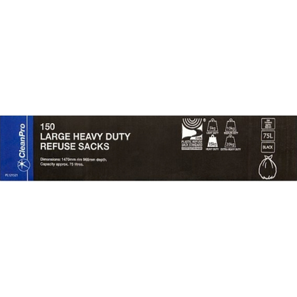 CleanPro Large Heavy Duty Black Refuse Sacks 75L 150pcs