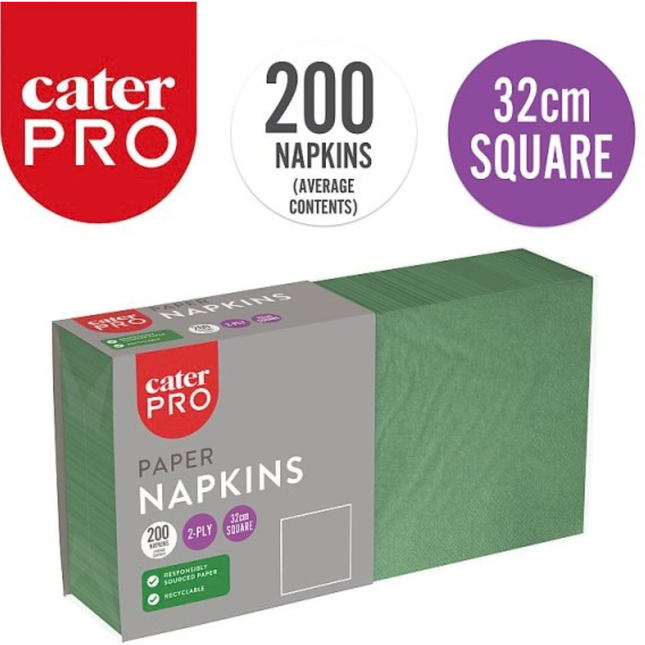 CaterPro green 2-ply paper napkins 200 pack, 32cm square, wholesale catering supplies