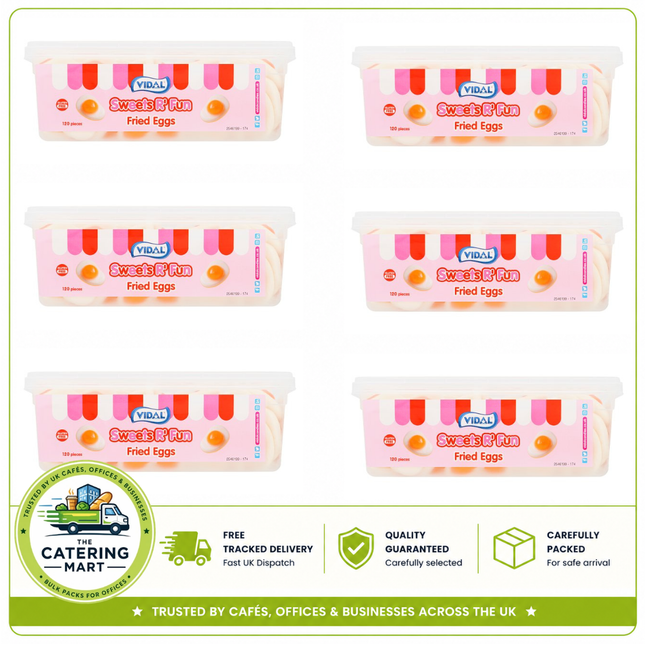 Vidal Sweets R' Fun Fried Eggs wholesale pack containing 2 x 720g packs of 120 colourful fried egg-shaped sweets