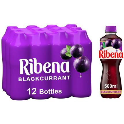 Ribena Blackcurrant Juice Drink wholesale case containing 12 x 500ml bottles of blackcurrant-flavoured fruit drink.