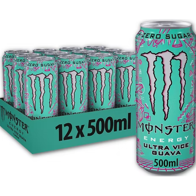 Monster Energy Ultra Vice Guava zero sugar energy drink wholesale case of 12 x 500ml cans.
