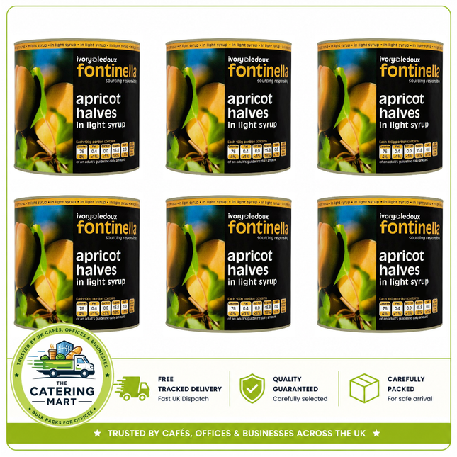 Fontinella Apricot Halves in Light Syrup wholesale case containing 6 x 2.5kg cans