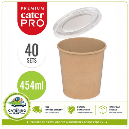 CaterPro Premium 40 kraft food pots with plastic PP lids 454ml for takeaway catering and foodservice