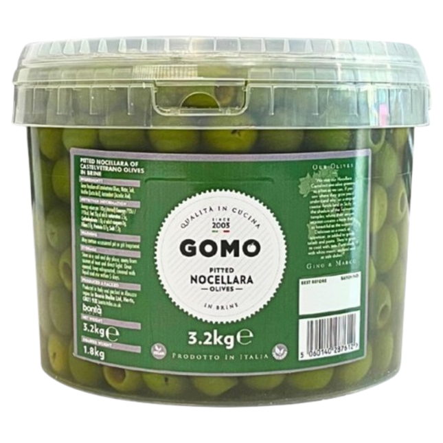 Gomo Pitted Nocellara Olives in Brine 3.2kg wholesale catering jar