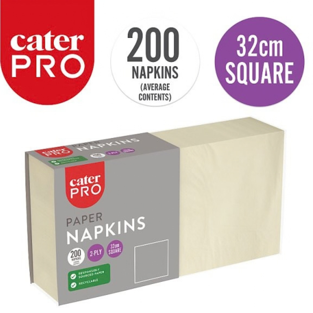 CaterPro cream 2-ply paper napkins 200 pack, 32cm square, wholesale catering supplies