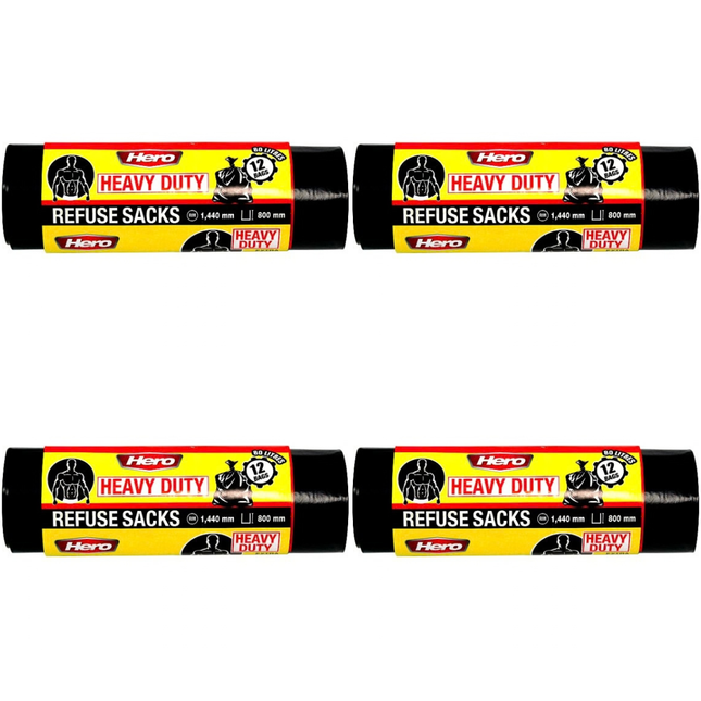 Hero Heavy Duty XL Refuse Sacks 4 packs of 12 bags bulk wholesale