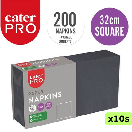 CaterPro black 2-ply paper napkins, wholesale case of 10 packs containing 200 napkins each, 32cm square