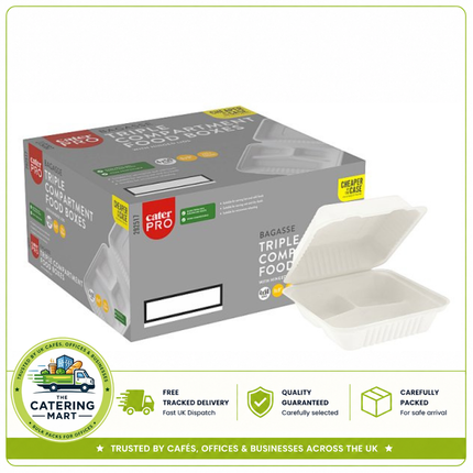 CaterPro 4 x 50 Bagasse Triple Compartment Boxes with Hinged Lids | Wholesale