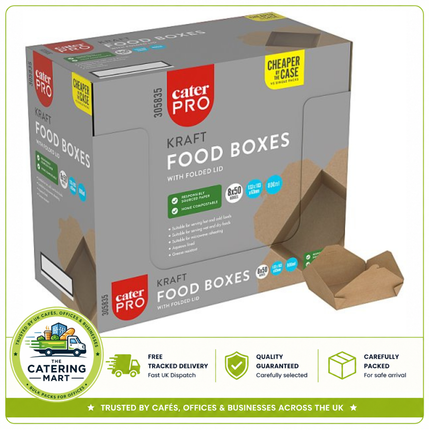 CaterPro 50 Kraft Food Boxes with Folded Lids 800ml | Wholesale Packaging