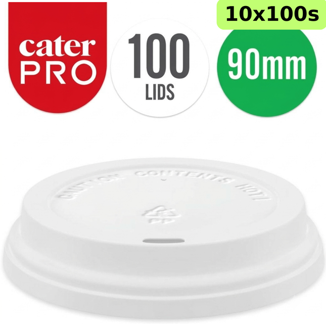 CaterPro wholesale case of 10 packs containing 100 polypropylene PP sip lids per pack, 1,000 white 90mm disposable coffee cup lids in total.