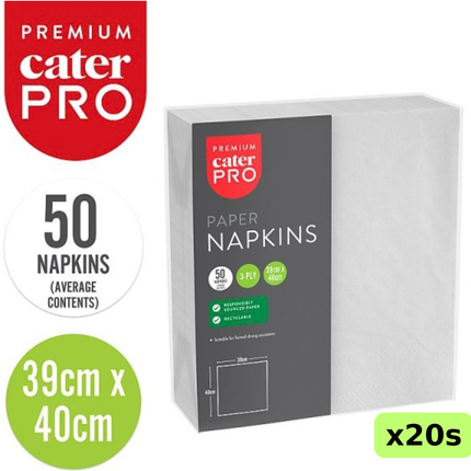 CaterPro Premium white 3-ply paper napkins, wholesale case of 20 packs containing 50 napkins each