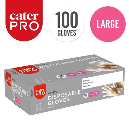 CaterPro Large clear vinyl disposable gloves, pack of 100 for food handling and catering