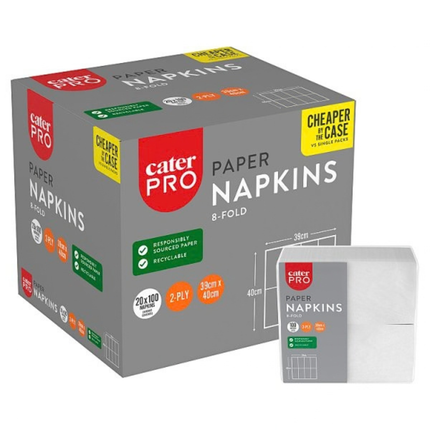 CaterPro White Paper Napkins 20 x 100s 2-Ply 8-Fold 39 x 40mm | Wholesale