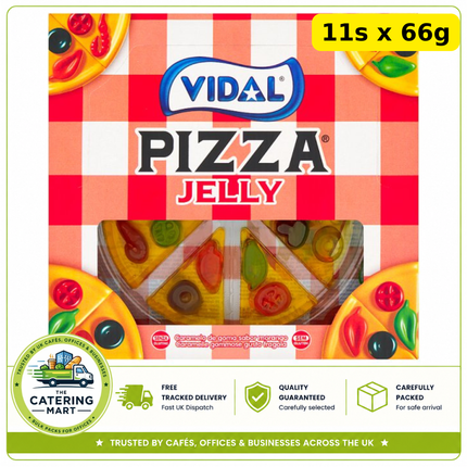 Vidal Pizza Strawberry Flavour Jellies wholesale case containing 11 x 66g packs of pizza-shaped strawberry jelly sweets