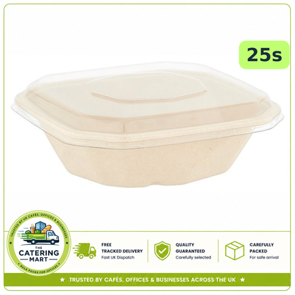 BioPak 750ml takeaway trays and lids, pack of 25 sugarcane fibre octagonal food containers for catering and takeaway