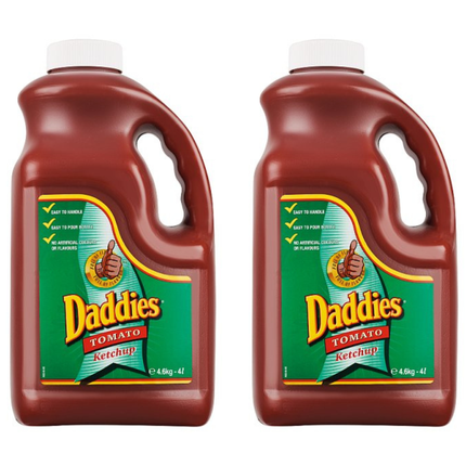 Daddies Tomato Ketchup wholesale case containing 2 x 4L packs of classic tomato ketchup for burgers, chips, hot dogs, sausages, breakfast dishes and foodservice