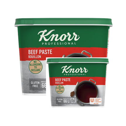 Knorr Professional Gluten Free Beef Paste Bouillon wholesale case containing 2 x 1kg packs for beef stocks, soups, sauces, gravies and savoury dishes in professional kitchens