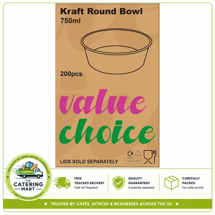 Value Choice Kraft Round Bowls 200 pack for takeaway meals and foodservice packaging