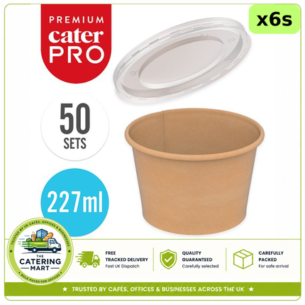 CaterPro Premium 6 x 50 kraft food pots with plastic PP lids 227ml for bulk wholesale takeaway and catering packaging