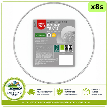 CaterPro 8 x 15 aluminium foil round trays 227 x 40mm with foil lined lids for bulk wholesale catering packaging
