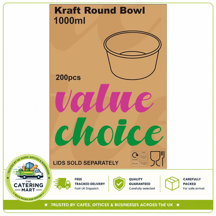 Value Choice 1000ml Kraft Round Bowls 200 pack for takeaway meals and foodservice packaging