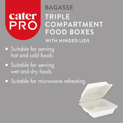 CaterPro 50 Bagasse Triple Compartment Food Boxes with Hinged Lids | Wholesale