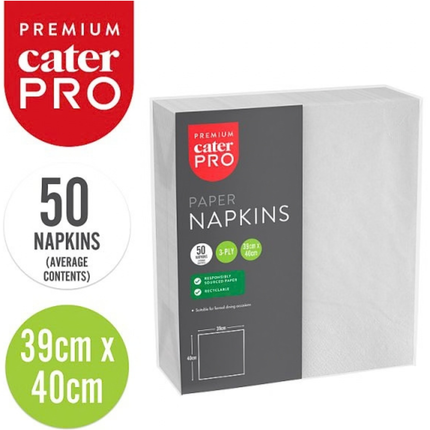 CaterPro Premium white 3-ply paper napkins 50 pack, 39cm x 40cm, wholesale catering supplies