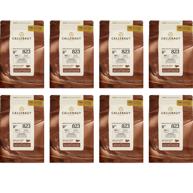 Callebaut Recipe 823 Belgian milk chocolate callets wholesale case containing 8 bags of 2.5kg, 20kg total.