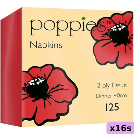 Poppies 16 x 125 2-ply 40cm dinner tissue napkins wholesale case for catering and hospitality