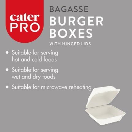 CaterPro 50 Bagasse Burger Boxes with Hinged Lids | Wholesale Food Packaging