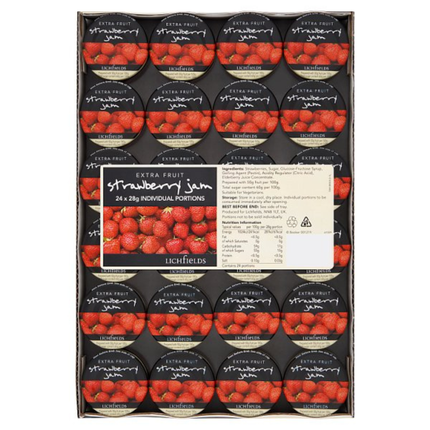 Lichfields Extra Fruit Strawberry Jam 24 x 28g individual portions, 672g pack of single-serve strawberry jam for hotel breakfasts, cafés, buffets and catering