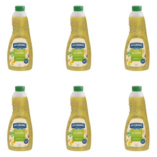 Hellmann's Classic Salad Dressing wholesale case containing 6 x 1-litre bottles for catering and foodservice kitchens.