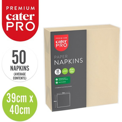 CaterPro Premium cream 3-ply paper napkins 50 pack, 39cm x 40cm, wholesale catering supplies
