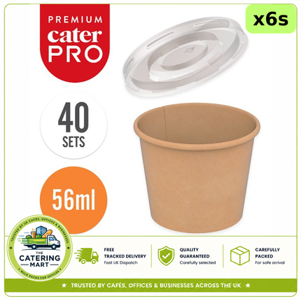 CaterPro Premium 6 x 40 kraft sauce pots with plastic PP lids 56ml, 240 pots for catering and takeaway