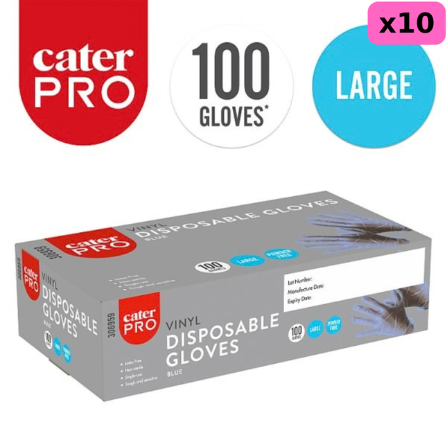 CaterPro Large blue vinyl disposable gloves, wholesale case of 10 packs containing 100 gloves each