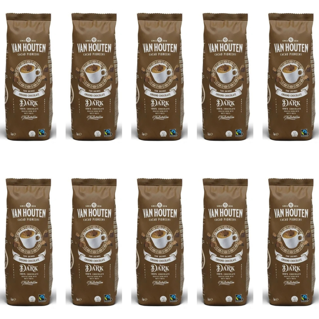 Van Houten Dark Ground Chocolate wholesale case containing 10 x 1kg packs for cafés and catering