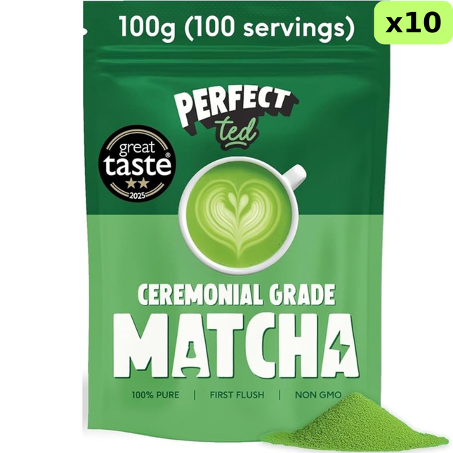 Perfect Ted Ceremonial Grade Matcha Powder wholesale case containing 10 x 100g packs of matcha green tea powder