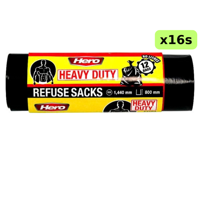 Hero Heavy Duty XL Refuse Sacks 16 packs of 12 bags 192 sacks bulk wholesale